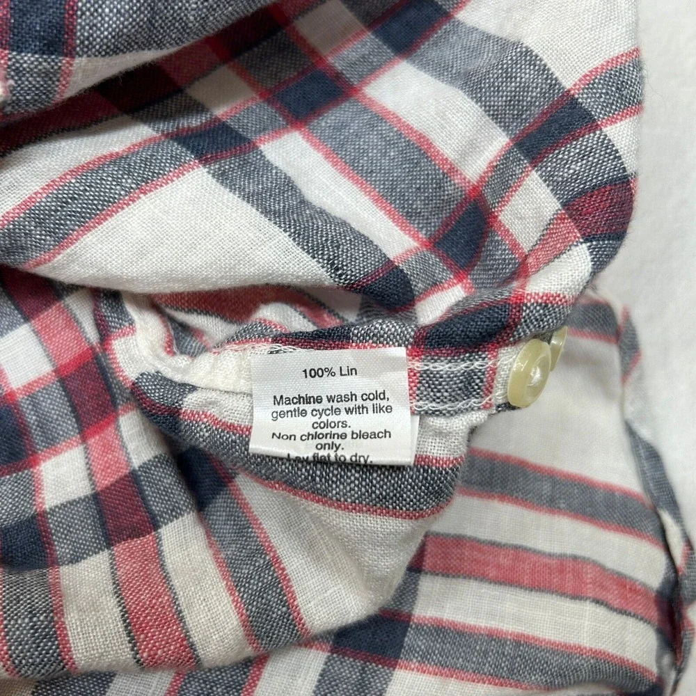 J Crew Linen Shirt Mens‎ Large White Red Black Plaid Slim Fit Long Sleeve
